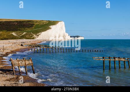 Blick auf die Seven Sisters Kreidefelsen vom Strand in Cuckmere Haven aus, der an einem sonnigen Tag mit blauem Himmel nach Osten blickt Stockfoto