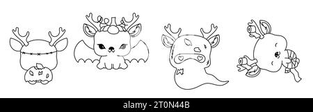 Set von Vektor Halloween Deer Malseite. Sammlung von Kawaii Halloween Forest Animal Outline. Stock Vektor