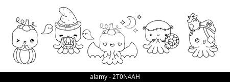 Set von Kawaii Halloween Octopus Malseite. Sammlung von niedlichen Vektor Halloween Tier Outline. Stock Vektor