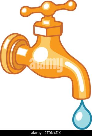 Messing Metall Wasser Wasserhahn tropfendes Wasser Zeichnung Vektor isoliert auf weißem Hintergrund Stock Vektor