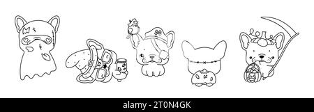 Satz von Vektor Halloween Französisch Bulldog Hund Malseite. Kollektion mit Halloween Hündchen Outline. Stock Vektor