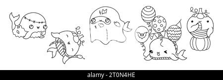 Set von Vektor Halloween Whale Maling Seite. Kollektion von Kawaii Halloween Marine Animal Outline. Stock Vektor