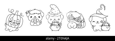 Set von Kawaii Halloween Rottweiler Hund Malseite. Sammlung von Vektor Halloween Tier Outline Stock Vektor
