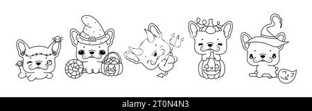 Sammlung von Vektor Halloween Französisch Bulldog Hund Outline. Set der Halloween-Hündchen-Ausmalseite. Stock Vektor