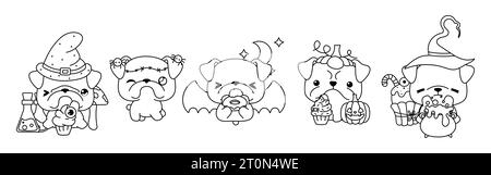 Set von Kawaii Halloween Bulldog Dog Malseite. Sammlung von Vektor Halloween Hündchen Outline. Stock Vektor