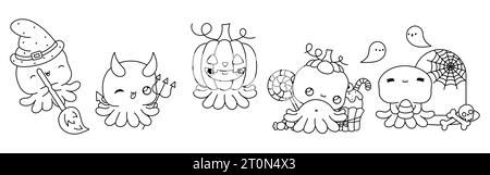 Sammlung von Vektor Halloween Octopus Outline. Set von isolierten Halloween Tiermalseiten. Stock Vektor