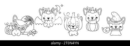 Set von Kawaii Halloween French Bulldog Dog Malpage. Kollektion mit Halloween Hündchen Outline. Stock Vektor