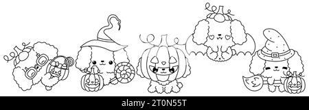 Set von Kawaii Halloween Pudel Dog Malseite. Sammlung von niedlichen Vektor Halloween Hund Outline Stock Vektor