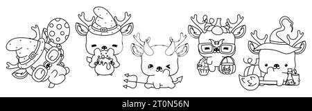 Set von Kawaii Halloween Deer Malseite. Sammlung von Vektor Halloween Forest Animal Outline. Stock Vektor