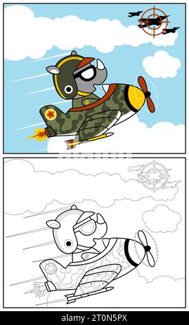 Niedliches Nashorn auf Kampfjet, Vektor-Zeichentrickillustration, Malbuch oder Seite Stock Vektor