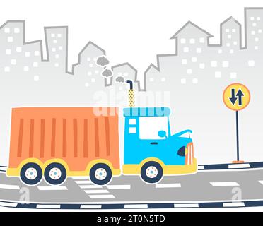 Großer Truck auf der Straße auf Gebäude Hintergrund, Cartoon Vektor Illustration Stock Vektor
