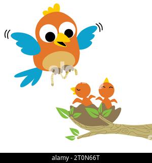 Glückliche Vogelfamilie, Muttervogel, der Wurm für ihn trägt Baby auf Nest, Vektor-Karikaturillustration Stock Vektor