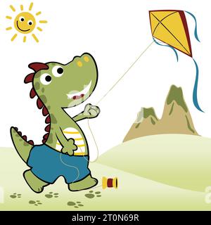 Netter Dinosaurier, der Drachen auf Vulkanhintergrund mit lächelnder Sonne spielt, Vektor-Karikaturillustration Stock Vektor