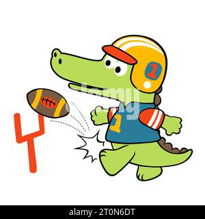 Niedliches Krokodil tritt Ball im Rugby-Spiel, Vektor-Karikaturillustration Stock Vektor