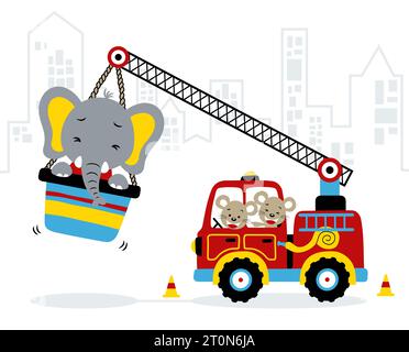 Lustige Maus auf Feuerwehrauto, süßer Elefant auf Kran, Vektor-Karikaturillustration Stock Vektor