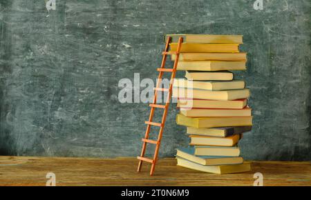 Bildung gibt Orientierung, Bücher, Tafel und Leiter des Erfolgs.Lernen, Wissen, Humanismus, Kampf gegen Fake News Konzept. Freier Kopierbereich Stockfoto