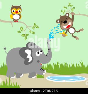 Lustiger Elefant, der Wasser zum Affen sprüht, niedliche Eule, die auf Baumzweig thront, Vektor-Karikaturillustration Stock Vektor