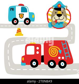 Rettungsfahrzeug auf der Straße mit lustiger Katze mit Pfeife, Verkehrselemente, Vektor-Cartoon-Illustration Stock Vektor