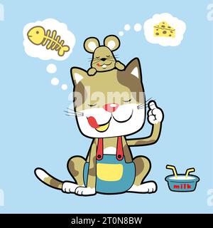 Lustige Katze und Maus, die über Lebensmittel nachdenken, Vektor-Karikaturillustration Stock Vektor