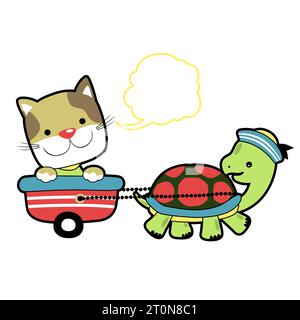 Lustige Schildkröte, die Katze mit Wagen zieht, Vektor-Karikaturillustration Stock Vektor