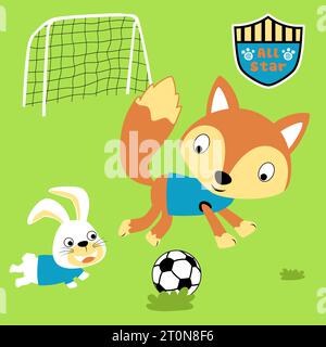 Niedlicher Fuchs mit Hase, der Fußball spielt, Vektor-Zeichentrickillustration Stock Vektor