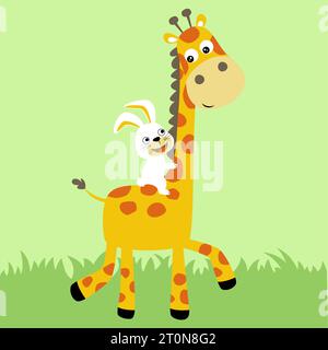 Vektor-Karikaturillustration des niedlichen Kaninchenreits auf Giraffe Stock Vektor