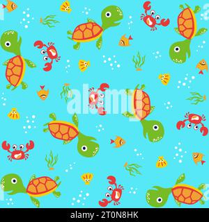 Vektor-Cartoon nahtloses Muster von Meerestieren mit nautischen Elementen Stock Vektor