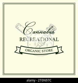 Vorlage für Vintage-Logo des Cannabis-Stores mit handgezeichneten Elementen. Vektordarstellung im Skizzenstil Stock Vektor