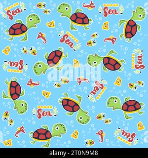 Vektor-Cartoon nahtloses Muster der lustigen Schildkröte mit Meerestieren auf Blasen Wasser Hintergrund Stock Vektor