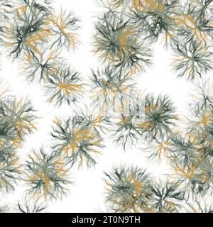 Löwenzahn. Handgemachte Aquarellflorale Motiv auf weißem Hintergrund. Khaki, Grau und Grün. Nahtloses Muster Stockfoto