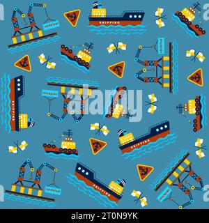 Vektor-Cartoon nahtloses Muster des Frachtschiffs mit Hafenelementen Stock Vektor