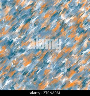 Abstrakte mehrfarbige diagonale Pinselstriche mit Reflexion. Blau, orange und weiß. Nahtloses Muster. Stockfoto