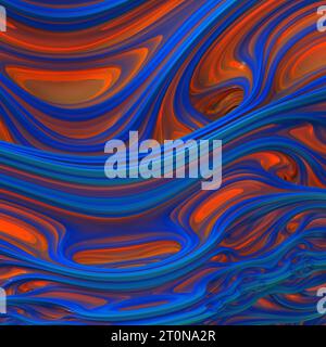 Abstrakte blaue und orangefarbene 3D-Wellen, 3D-Rendering. 3D-Abbildung Stockfoto