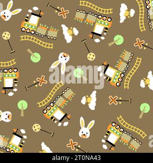 Vektor-Zeichentrickmuster. Dampfeisenelemente mit lustigem Kaninchen Stock Vektor