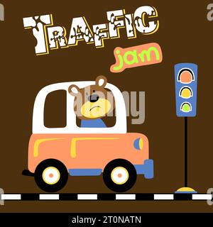 Vektor-Cartoon des süßen Bären, der Auto im Stau fährt Stock Vektor
