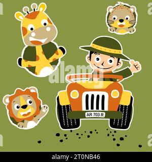 Junge, der ein Auto mit niedlichen Tieren fährt, lächelndes Gesicht, Vektor-Karikaturillustration Stock Vektor