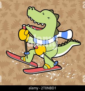 Niedliche Dinosaurier spielen Ski auf Kiefern Hintergrund Muster, Vektor-Karikaturillustration Stock Vektor