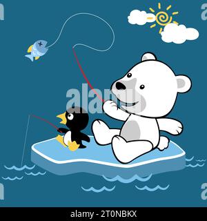 Niedlicher Eisbär mit kleinen Pinguin Fischen auf Eisbrocken, Vektor-Karikaturillustration Stock Vektor