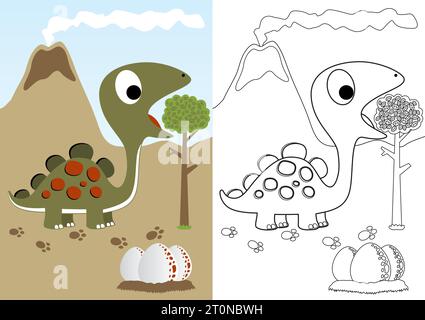 Niedlicher Dinosaurier mit ihm Eier auf Vulkanhintergrund, Vektor-Cartoon, Malseite oder Buch Stock Vektor