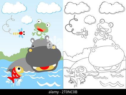 Niedliches Nilpferd mit Freunden im Fluss, Vektor-Cartoon, Malseite oder Buch Stock Vektor