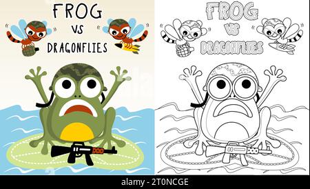 Lustiger Krieg des Frosches gegen Libellen, Vektor-Zeichentrickillustration, Malseite oder Buch Stock Vektor