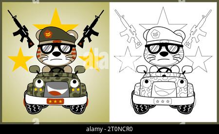 Vektor-Cartoon des lustigen Katzensoldaten auf gepanzertem Fahrzeug mit Waffen, Malseite oder Buch Stock Vektor