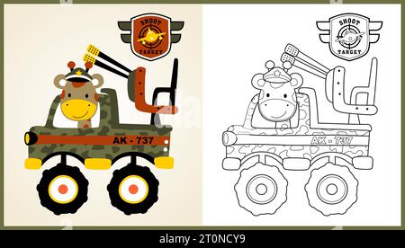 Vektor-Cartoon des lustigen Giraffen-Soldaten auf Militärwagen, Malseite oder Buch Stock Vektor