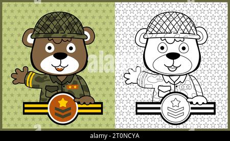 Vektor-Cartoon des lustigen Bärensoldaten auf Stern Hintergrund Muster, Malseite oder Buch Stock Vektor