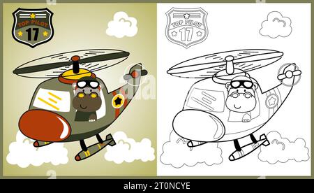 Vektor-Cartoon des niedlichen Hippo-Soldaten auf Militärhubschrauber, Malseite oder Buch Stock Vektor