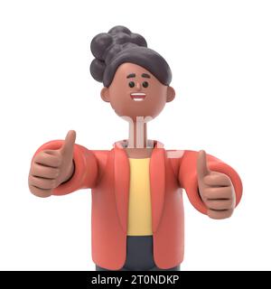 3D-Illustration einer afrikanischen Frau Coco, die positive Geste mit der Hand, Daumen hoch lächelnd und glücklich für den Erfolg macht. Siegergeste. Stockfoto