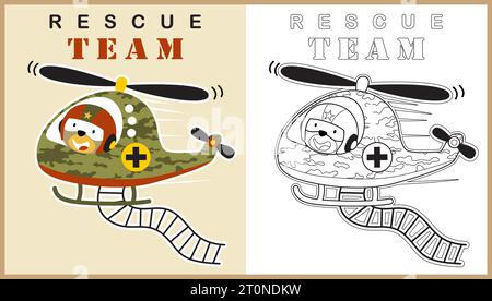 Lustiger Bär Pilot auf Militärhubschrauber mit Leiter, Vektor-Zeichentrickillustration, Malbuch oder Seite Stock Vektor