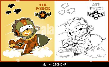 Lustiger Löwenpilot im Flugzeug, Vektor-Karikaturillustration, Malbuch oder Seite Stock Vektor
