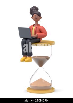 3D-Illustration einer afrikanerin Coco, die auf der Sanduhr sitzt und Laptopbeine überkreuzt. Geschäftskonzept von Zeitmanagement und Prokrastination. Stockfoto