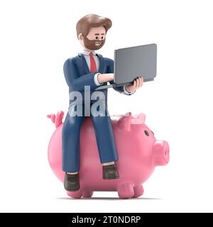 3D-Illustration des amerikanischen Geschäftsmannes Bob sitzend mit Laptop Notebook auf Piggy Bank Funds isoliert auf weißem Hintergrund 3D-Illustration. 3D-Personen c Stockfoto